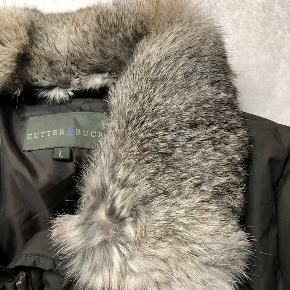 𝅺CUTTER & Buck Dark Brown Down Filled Winter Jacket Rabbit Fur Collar Large - Picture 4 of 11